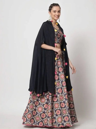 Adorable Navy Blue Printed Silk Party Wear Lehenga Choli With Shrug